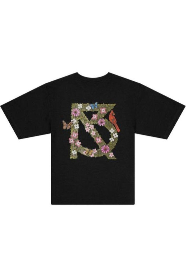Black t-shirt with floral and bird design