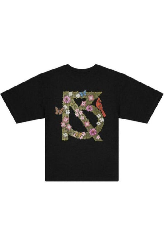 Black t-shirt with floral and bird design
