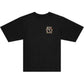 Black t-shirt with small chest logo of floral design.
