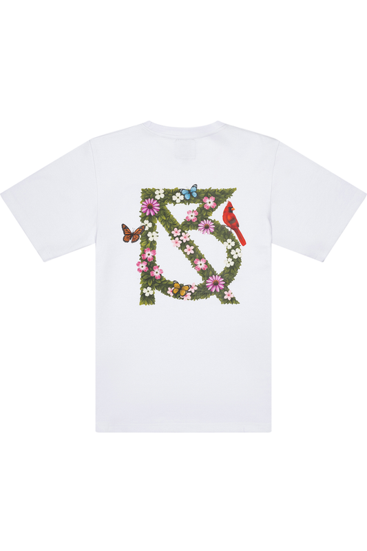White t-shirt with floral and bird design 