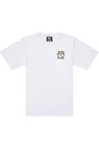 White t-shirt with a small floral logo on the chest 