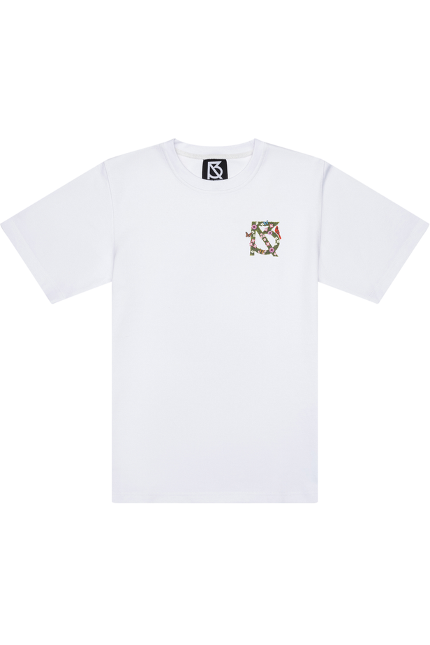 White t-shirt with a small floral logo on the chest 