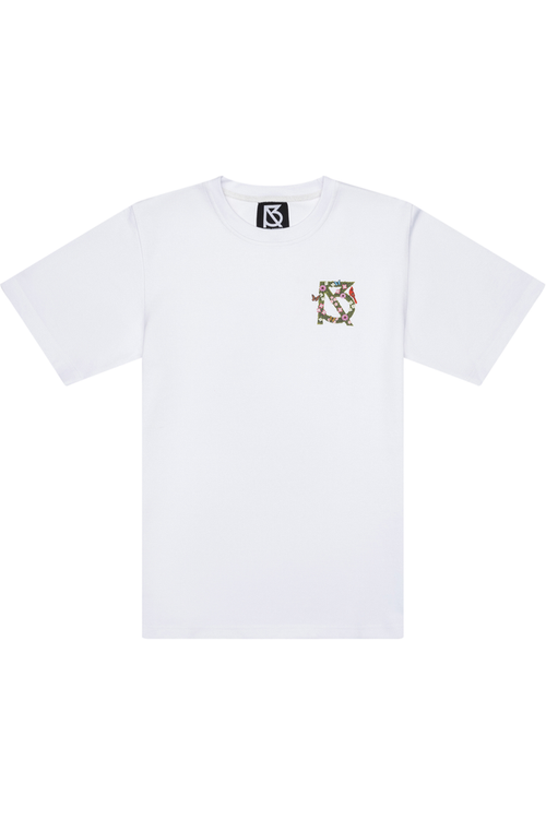 White t-shirt with a small floral logo on the chest 