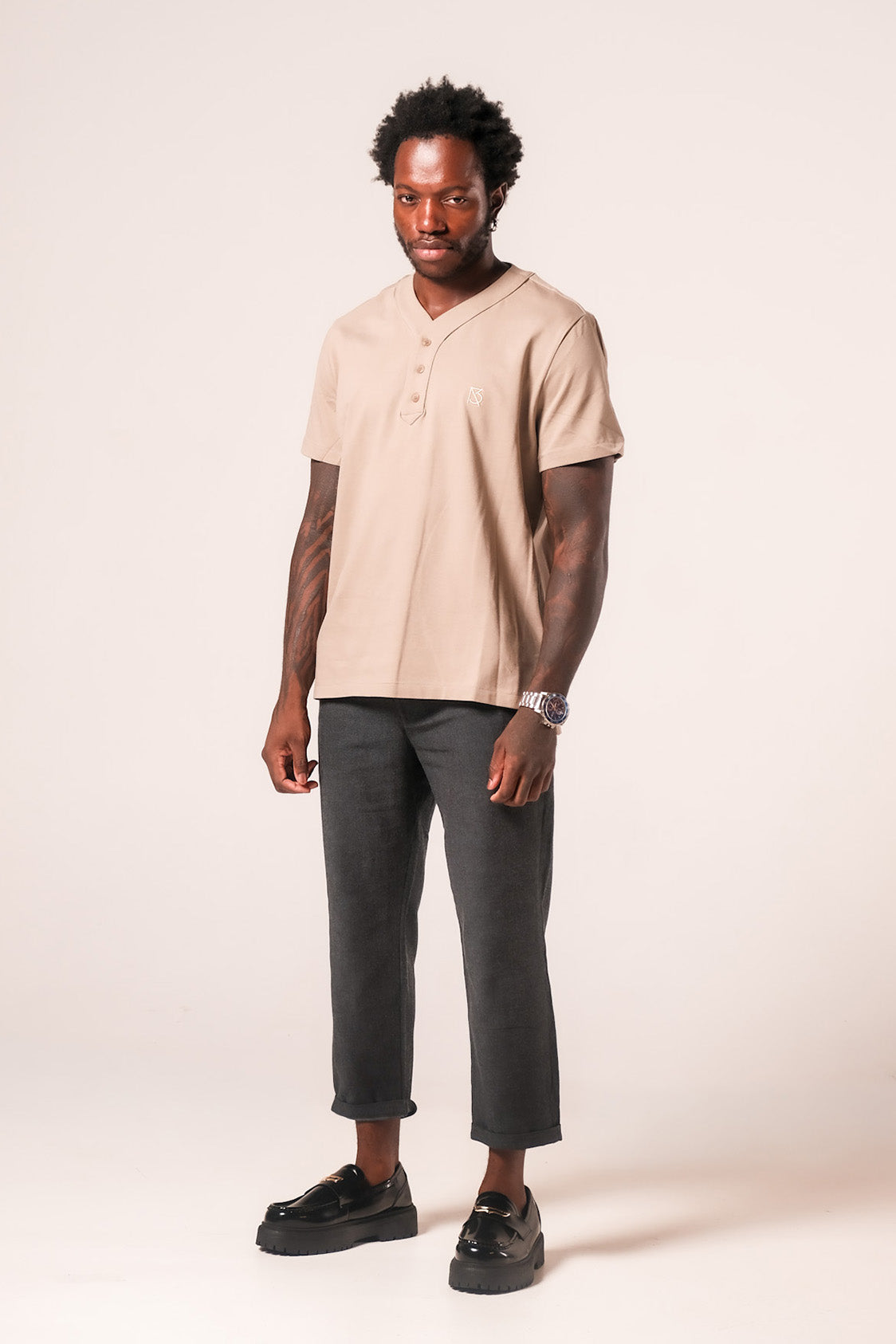 Lamar V Neck Henley: Beige