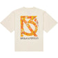 Cream t-shirt with a colorful graphic design on the back and 'BRIAN AMERICUS' branding.