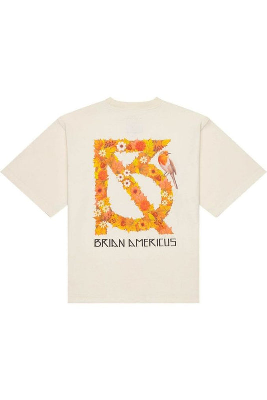 Cream t-shirt with a colorful graphic design on the back and 'BRIAN AMERICUS' branding.