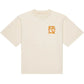Cream t-shirt with a colorful logo on a white background