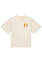 Cream t-shirt with a colorful logo on a white background