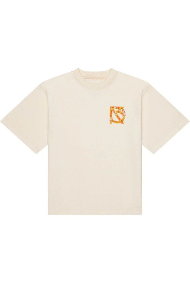 Cream t-shirt with a colorful logo on a white background