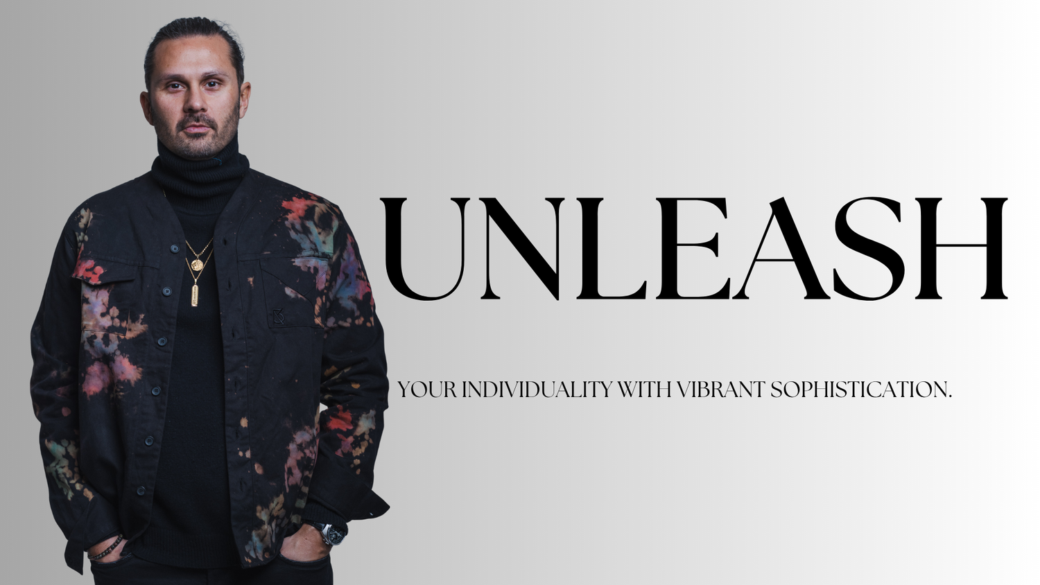 Dynamic shot of Brian Americus Black Tie-dye Herman V-neck button up shirt, representing bold self-expression and creative energy