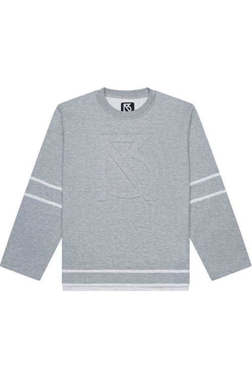 Douglas Embossed Sweatshirt in heather gray with embossed Brian Americus logo.