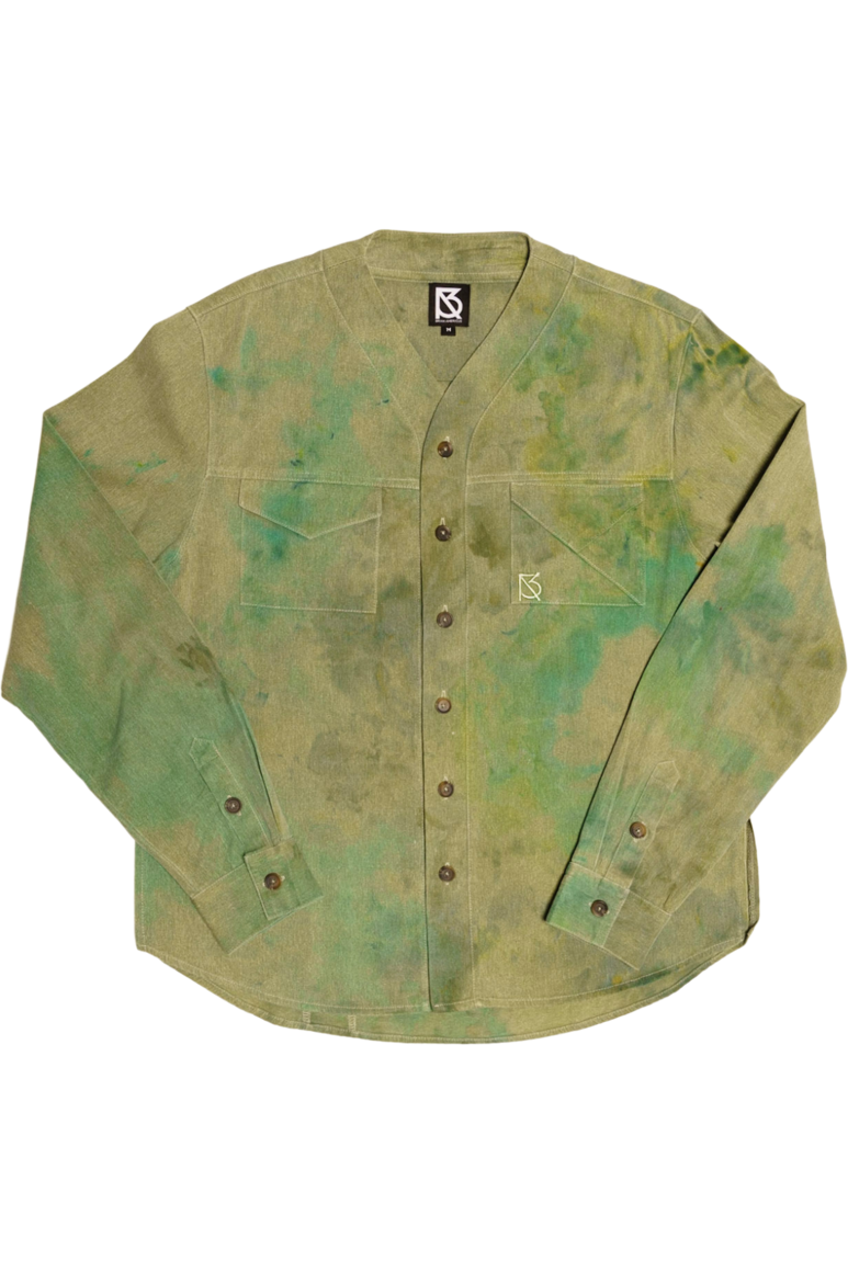 Herman V Neck Button Up Shirt: Olive Tie Dye