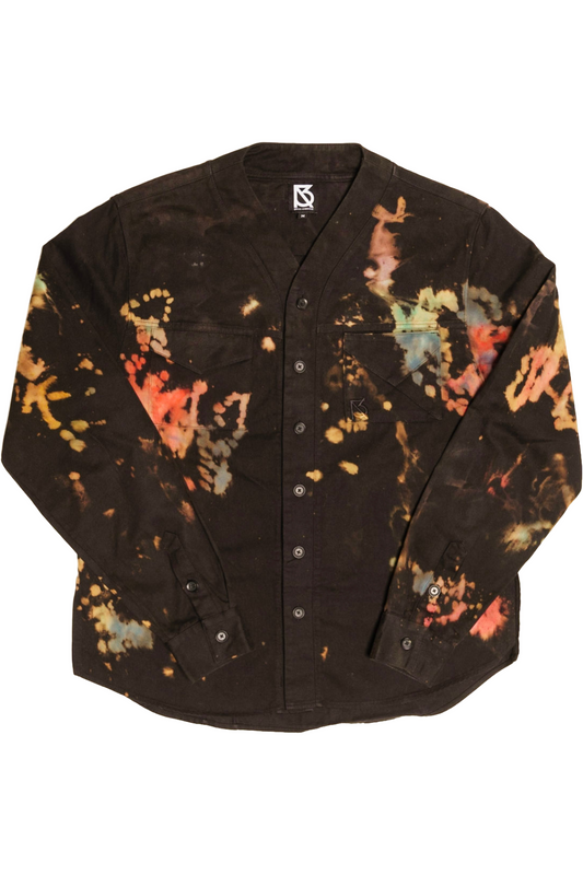 Herman V Neck Button Up Shirt: Black Tie Dye