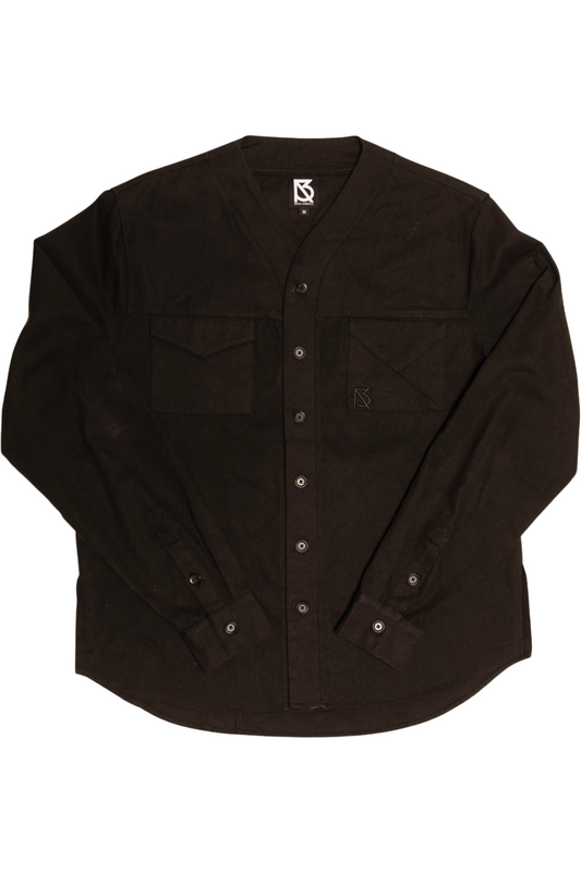 The Herman Signature V-Neck Button Up Shirt Front View Black