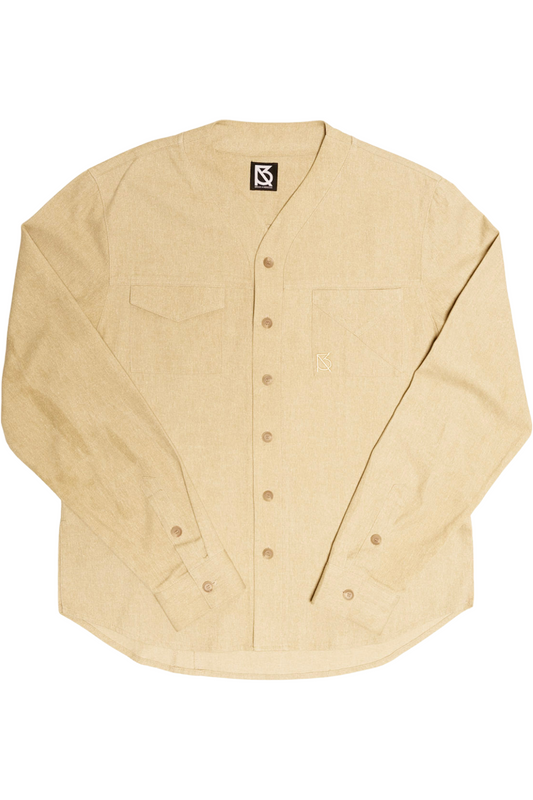 The Herman Signature V-Neck Button Up Shirt Front View Beige
